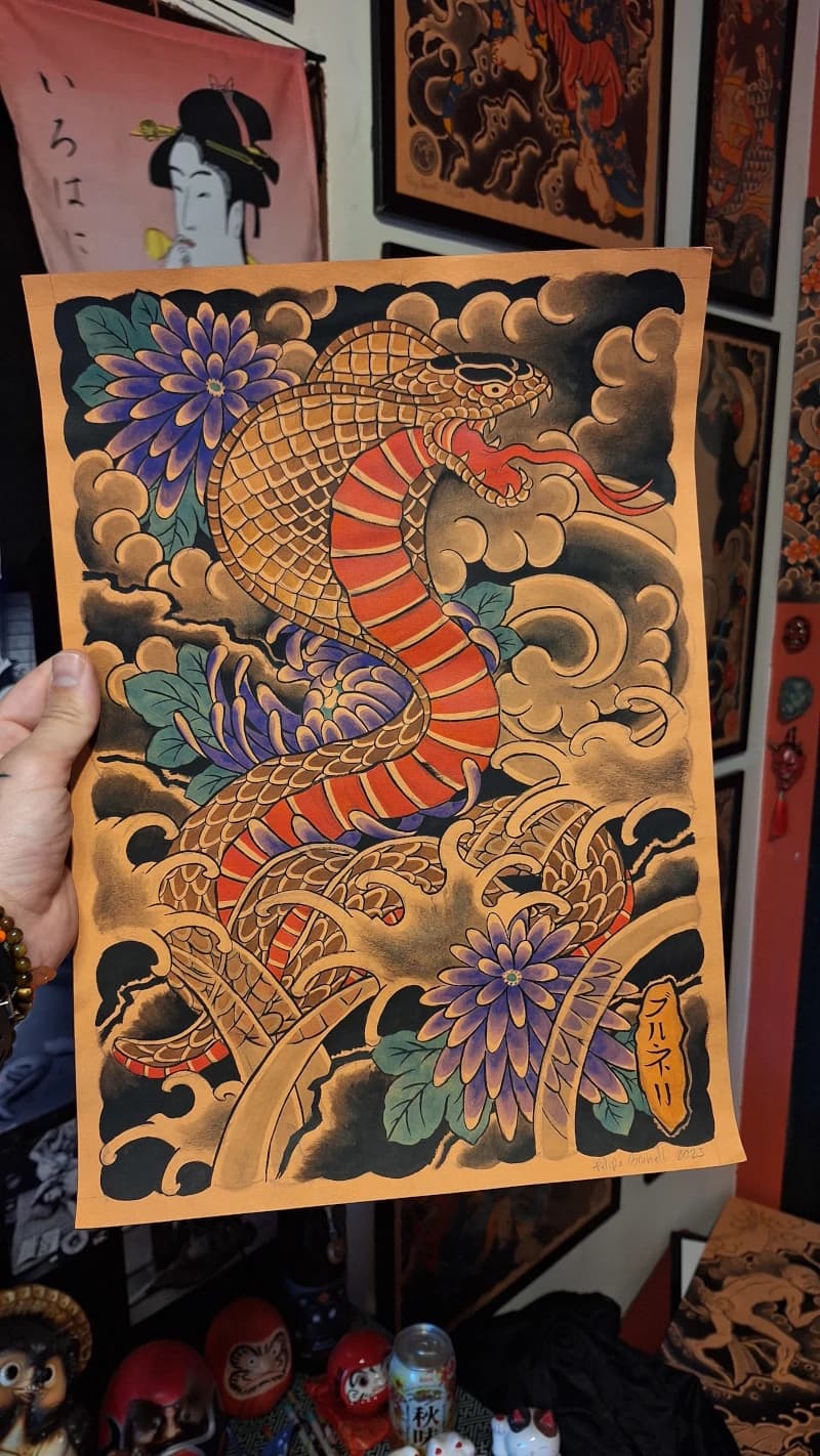 Desenho tradicional de serpente feito à mão por Felipe Brunelli