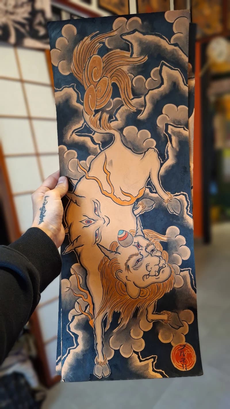Desenho tradicional de um ser místico feito à mão por Felipe Brunelli
