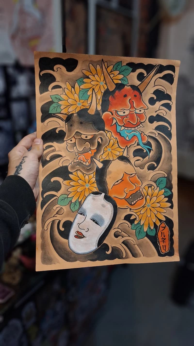 Desenho tradicional de máscaras Hannya feito à mão por Felipe Brunelli