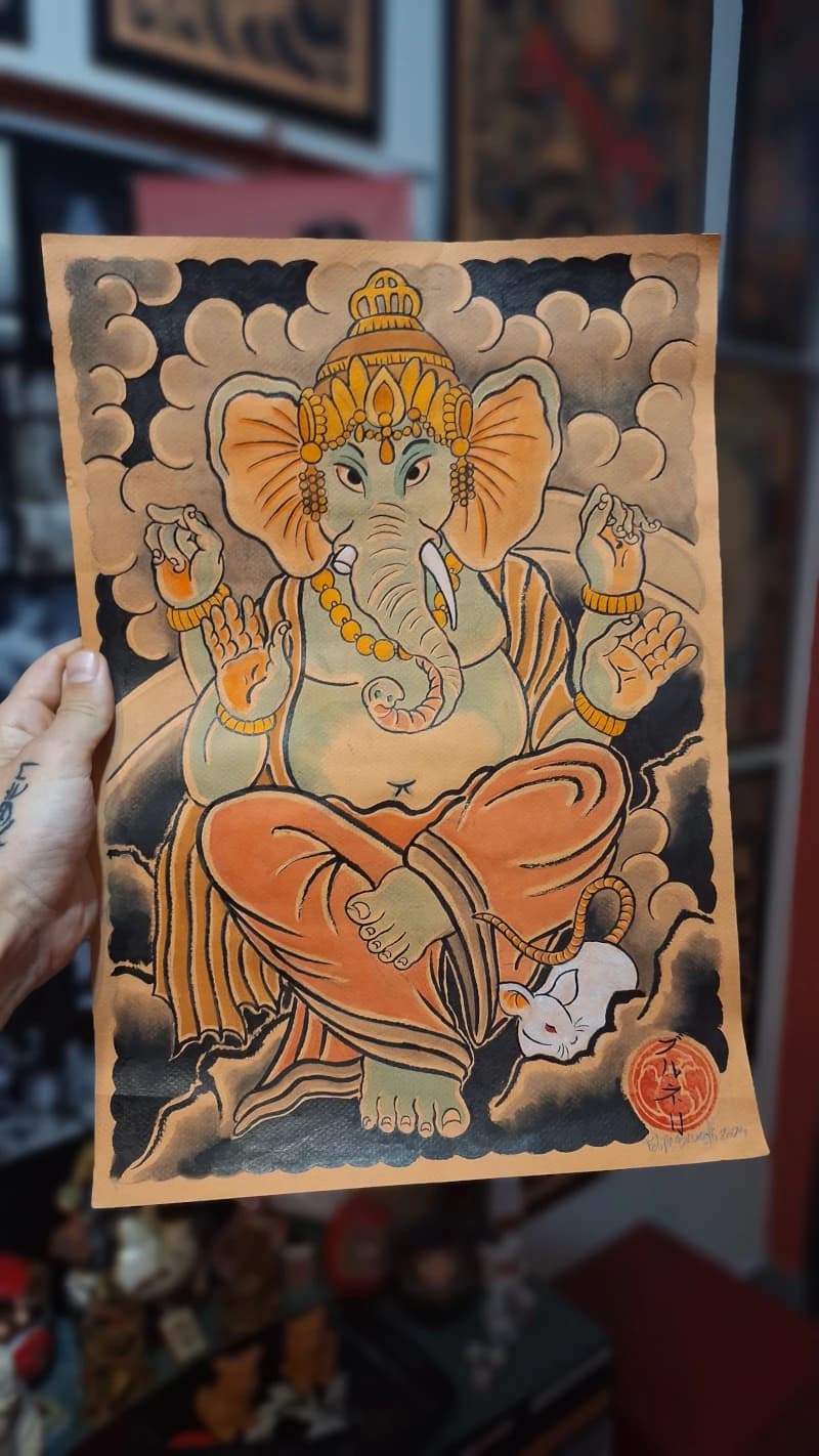 Desenho tradicional de uma serpente lutando feito à mão por Felipe Brunelli
