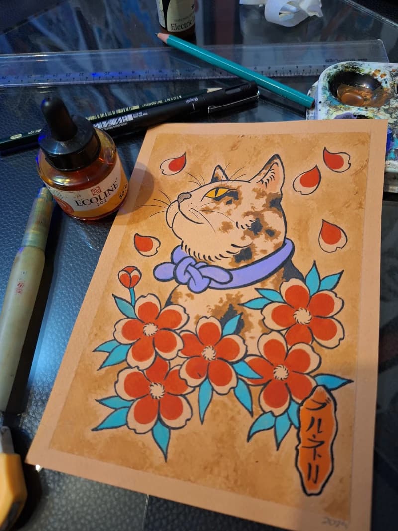 Desenho tradicional de uma serpente lutando feito à mão por Felipe Brunelli